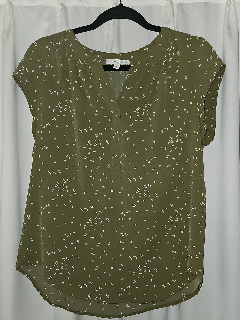 Fun2Fun Olive Green V-Neck Cap Sleeve Blouse with White Dot Print